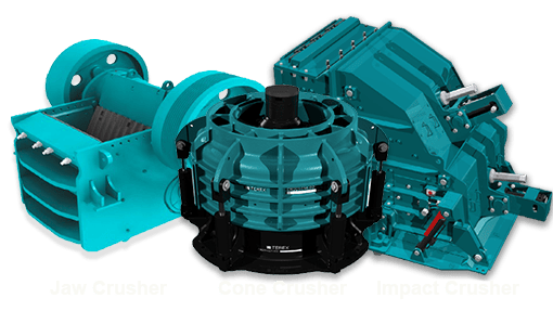 Images of a jaw, cone, and impact crusher