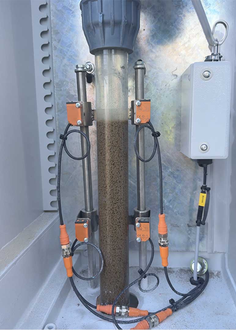 Close-up of floc-dosing unit with sensors and wiring at Foreman Equipment Ltd.