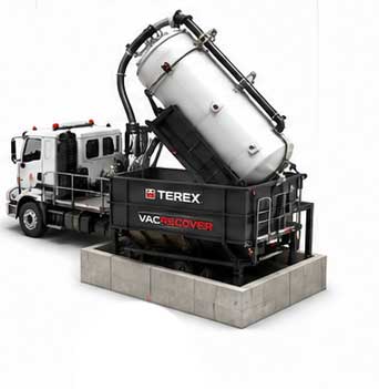 Hydrovac trucks emoty their load into a high-capacity hopper.