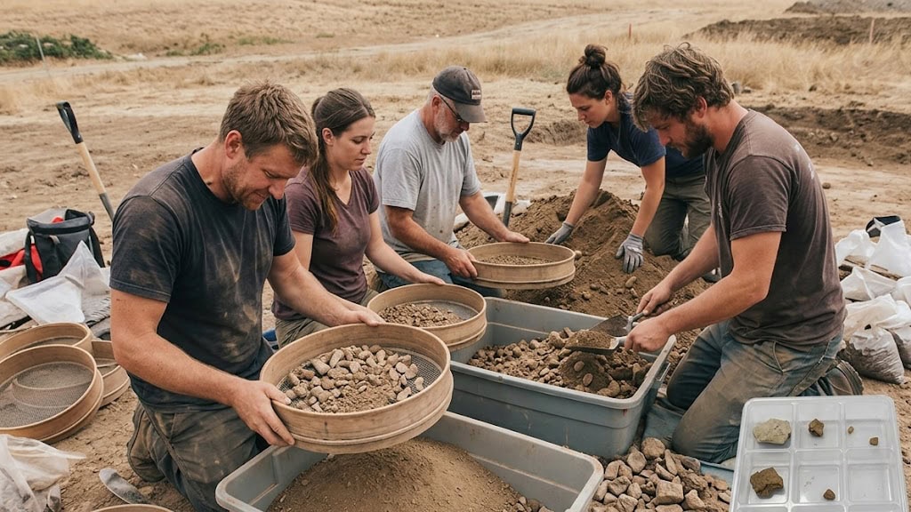 Field crew and archaeologists manually sieving soil with hand screens into plastic bins at a BC Heritage archaeological site to recover historical artifacts.