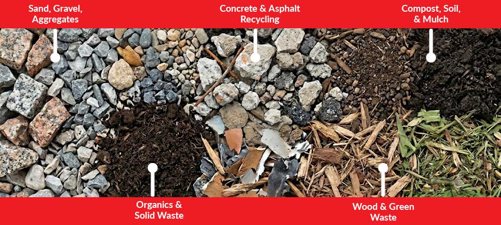 An optimized close-up, high-resolution visual composite of diverse heavy industrial and natural materials, showcasing textures of quarry rock, aggregate, sand, crushed concrete, mixed demolition debris, dark organic soil, mulch, wood chips, and green forestry waste. This visualization emphasizes the heavy processing capabilities such as primary quarry crushing, on-site recycling, and organic waste separation, intended for use on a heavy equipment sales and rental web page, reinforcing versatile material applications without text overlays.